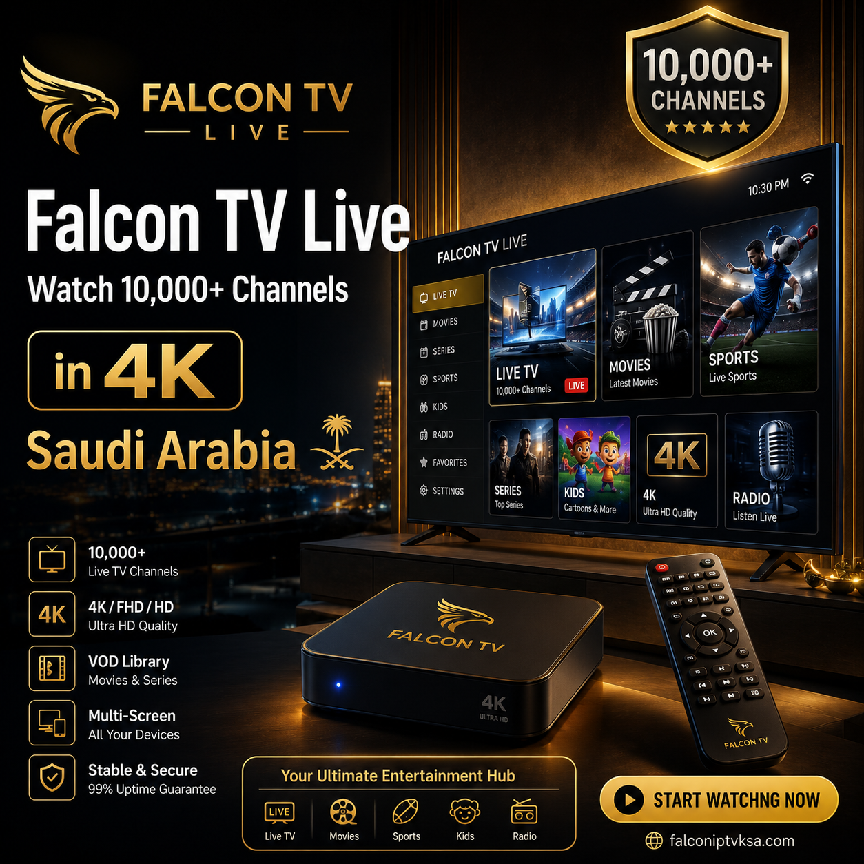 Falcon TV Live streaming service in 4K quality for Saudi Arabia and Gulf viewers