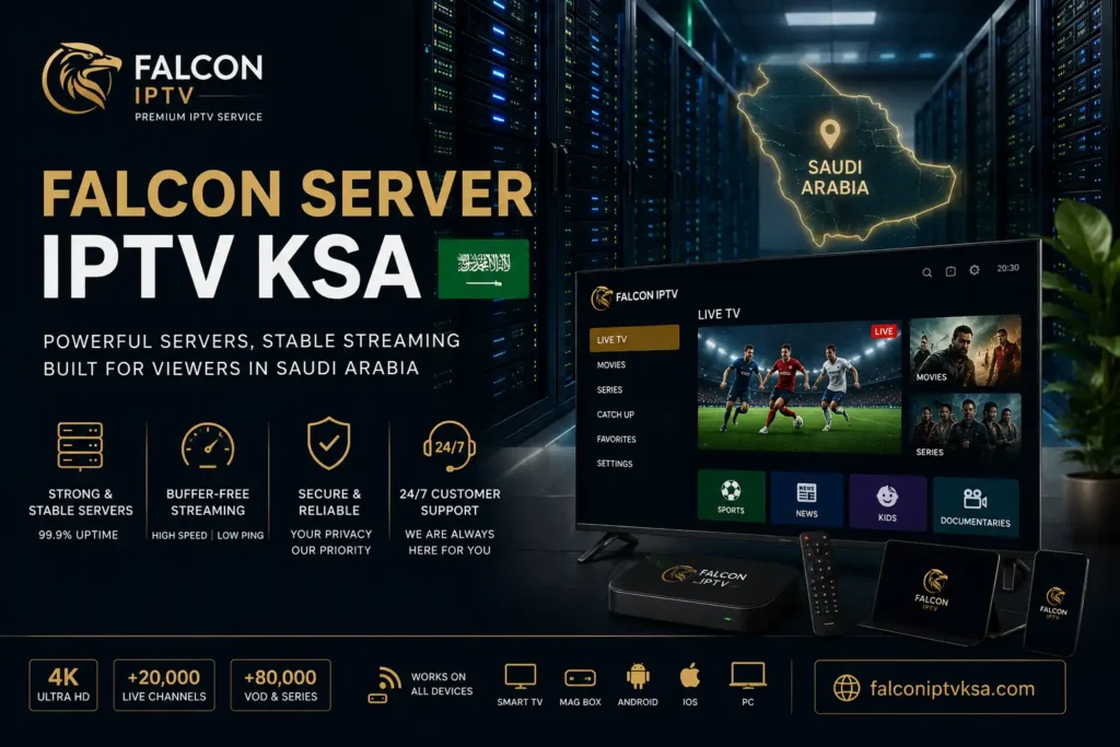 Falcon IPTV KSA featured image showing powerful IPTV servers in a modern data center, a TV displaying live channels, 4K streaming, 20,000+ live channels, 80,000+ VOD and series, and support for Smart TV, Android, iOS, MAG Box, and PC.